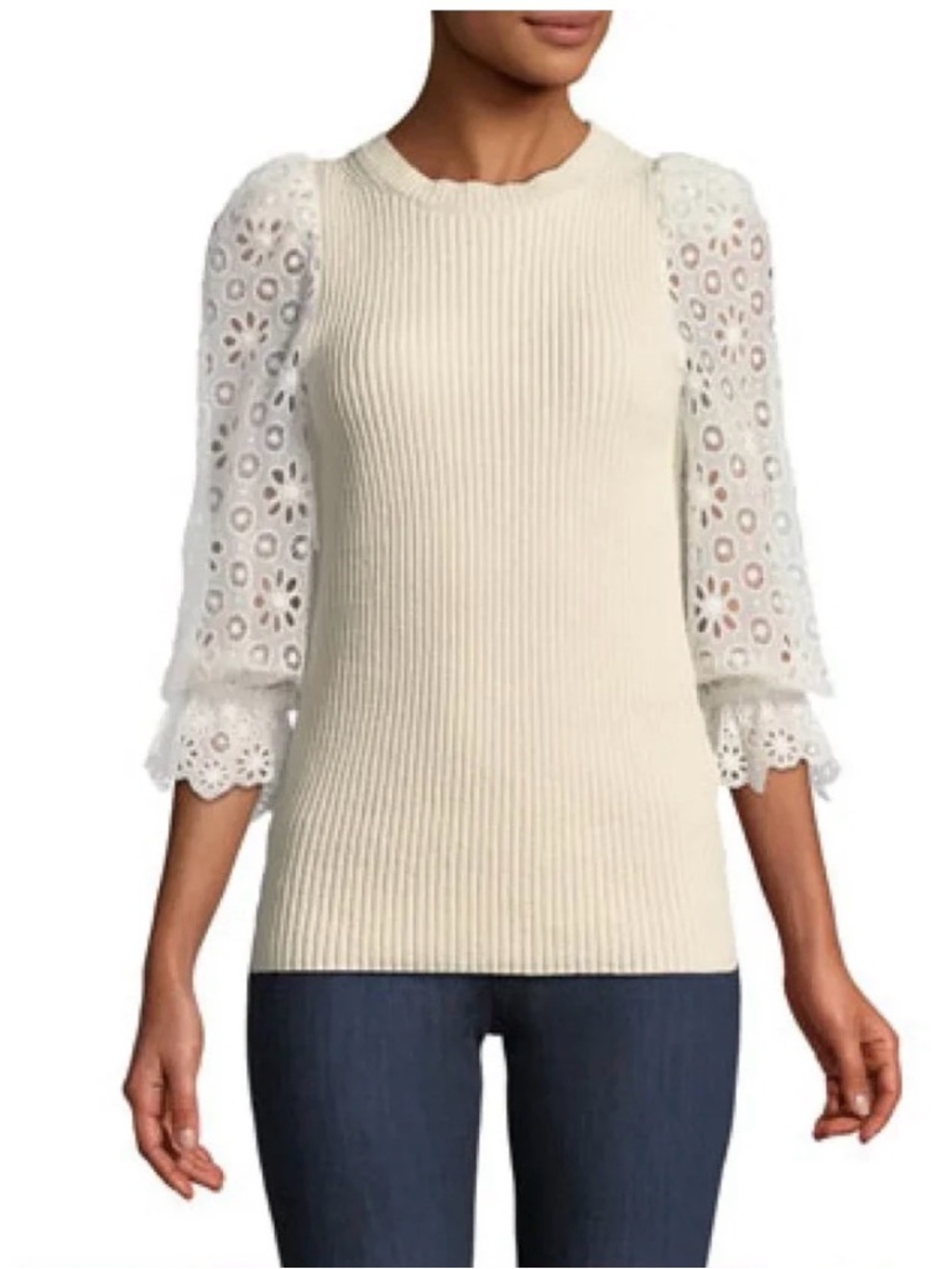Rebecca Taylor Eyelet-Sleeve cream Pullover Sweater Women's size medium ribbed